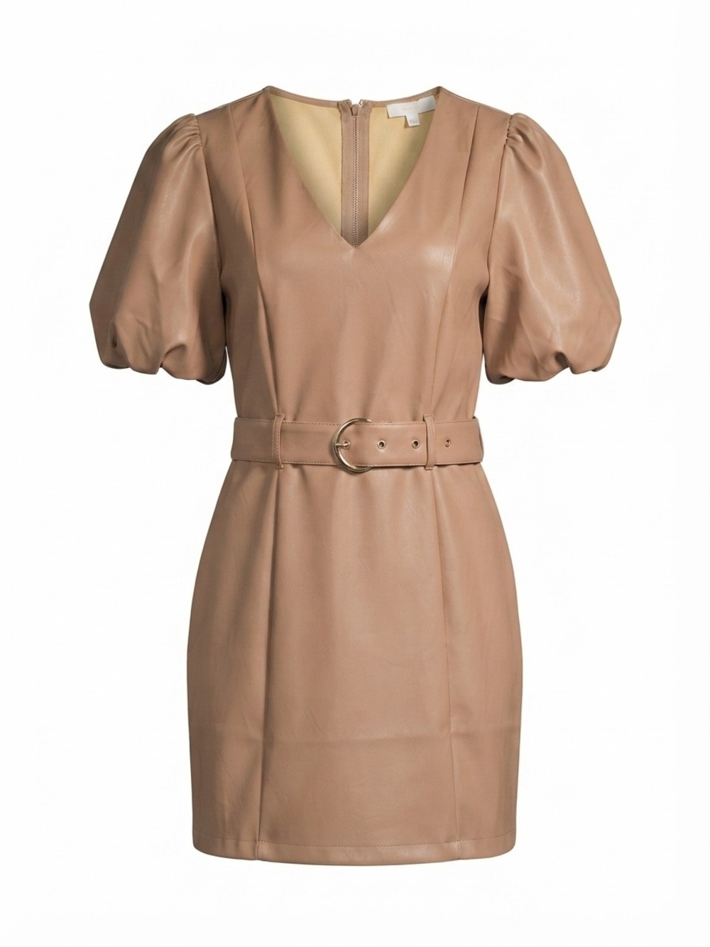 Women’s Puff Sleeve Belted Faux Leather Mini Dress - Tan